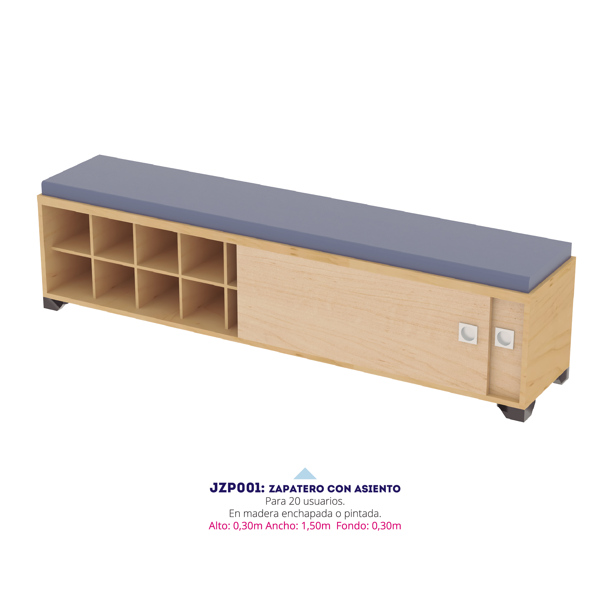 Zapatero con Asiento (20 usuarios) — maleteros, zapateros y lockers para instituciones educativas en Colombia (vista 3)